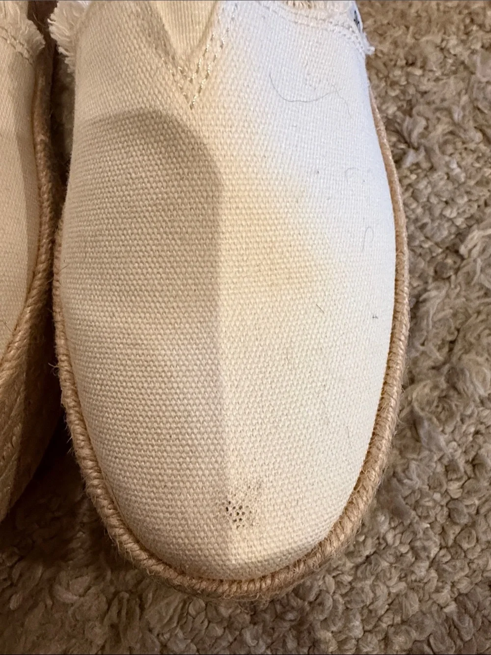 TOMS Cream Canvas Espadrille Slip-Ons with Frayed Edge